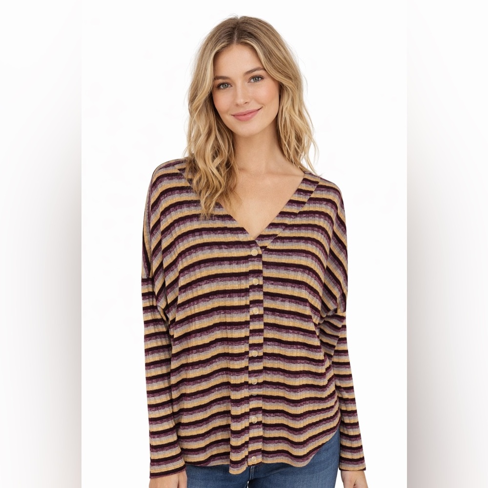 BKE Buckle Striped Button Front Top Womens Small Boho Ribbed Long Sleeve Shirt